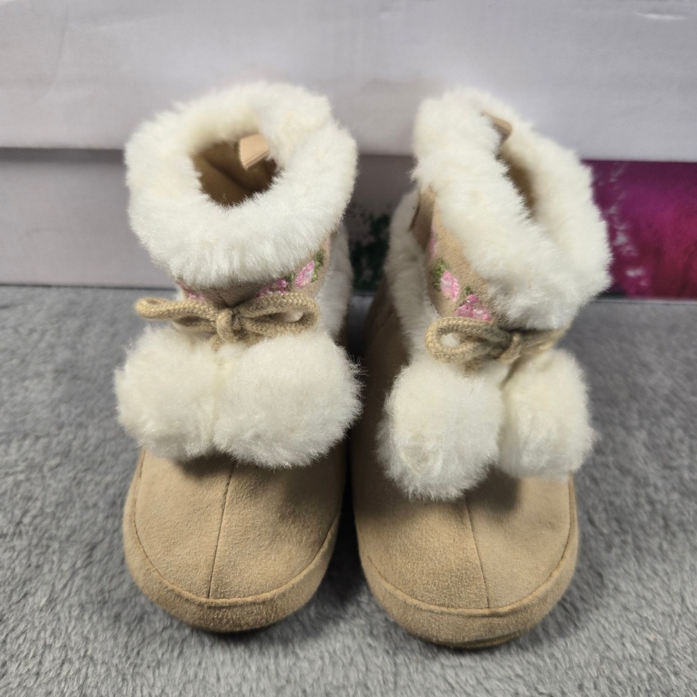 Tan Suede Baby Boots with Faux Fur Trim and Floral Embroidery Size 3